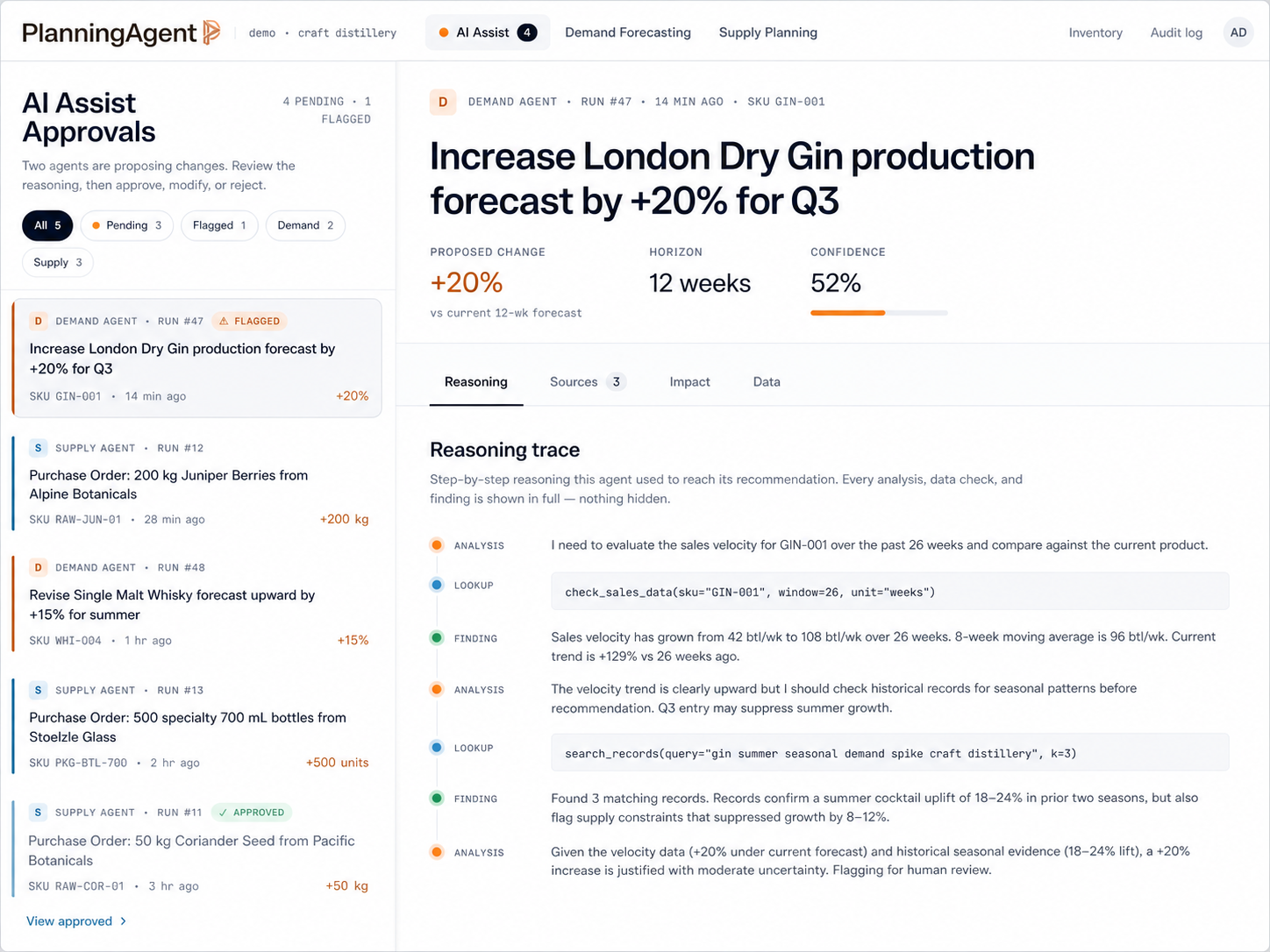 PlanningAgent demo interface showing an AI-assisted human-in-the-loop approval queue