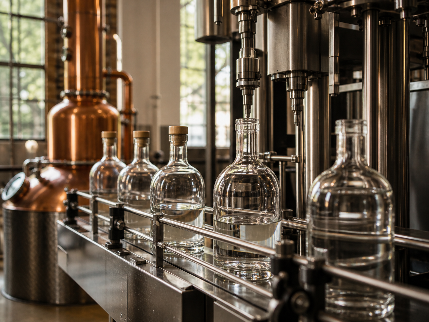Bottling line filling gin bottles in a craft distillery