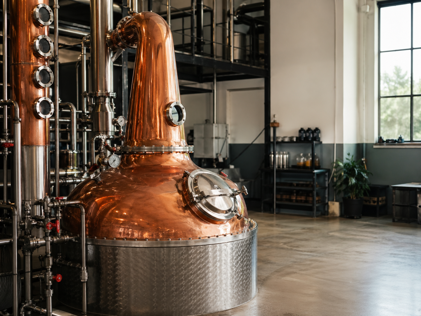 Copper still on a craft distillery production floor